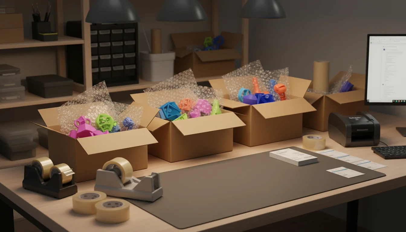 Packing station with 3D prints wrapped and ready for shipping