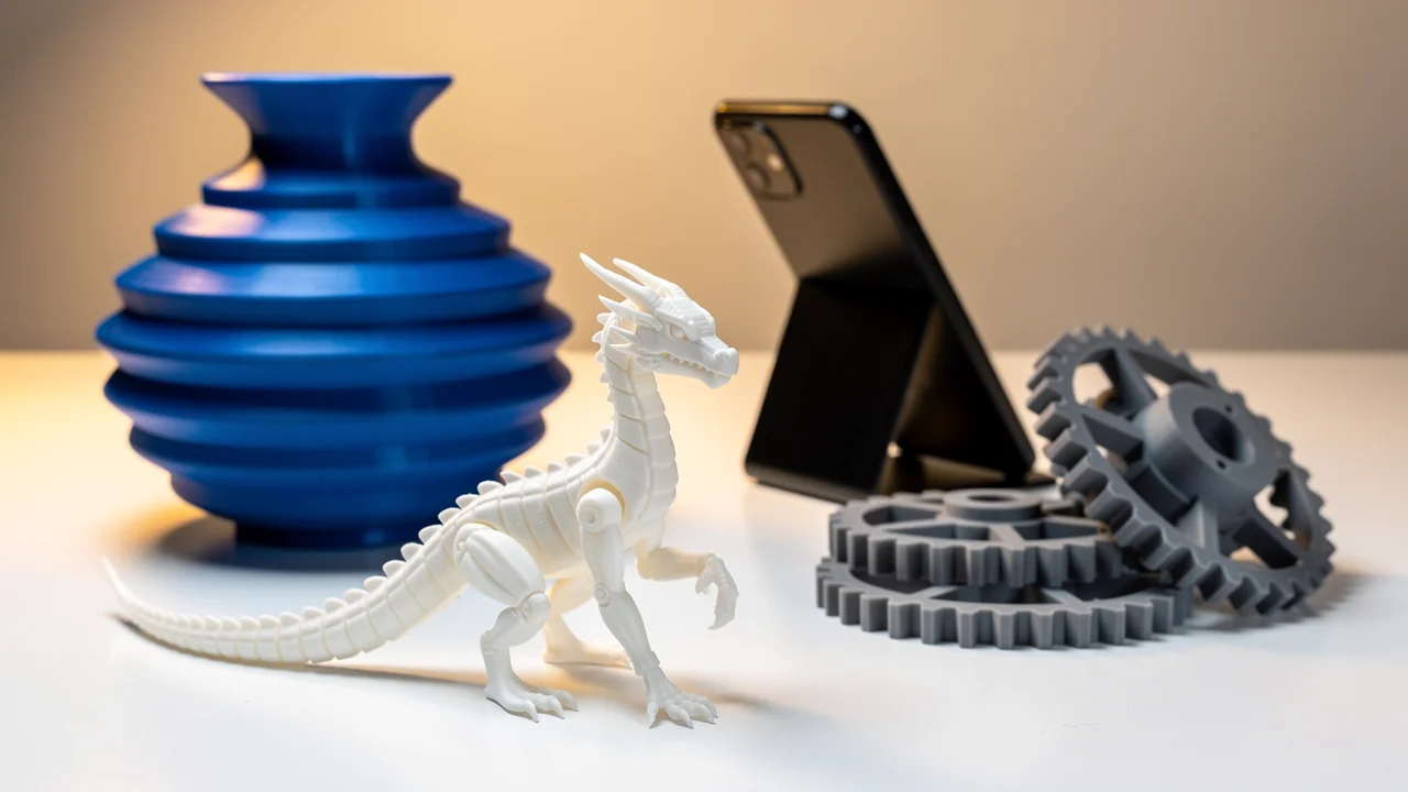 Colorful 3D printed objects — dragon, vase, gears, and phone stand