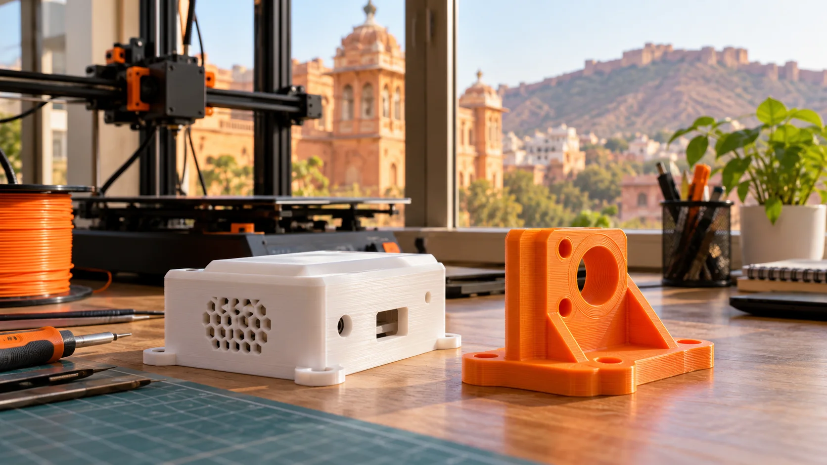 Illustration of a 3D printed sensor enclosure and bracket on a workshop desk