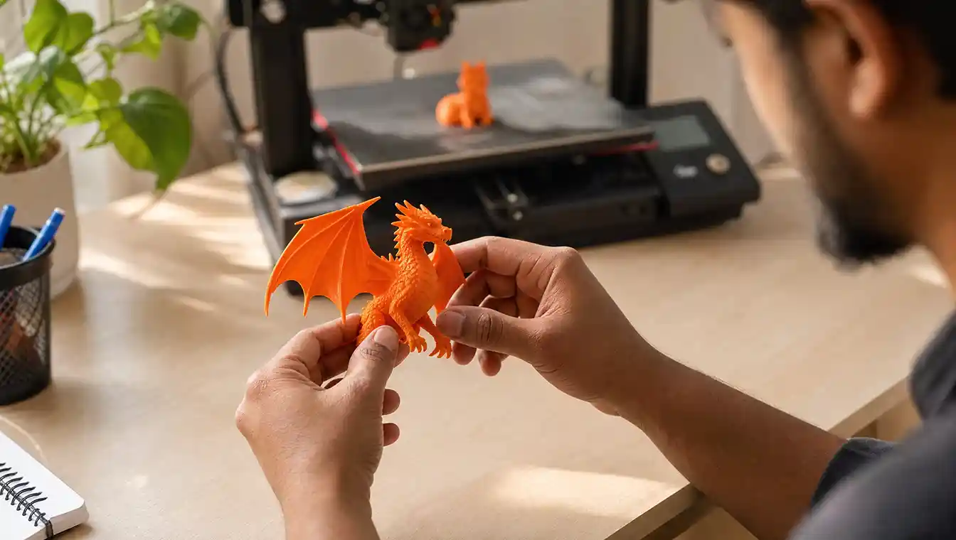 Hands inspecting a 3D printed figurine for quality